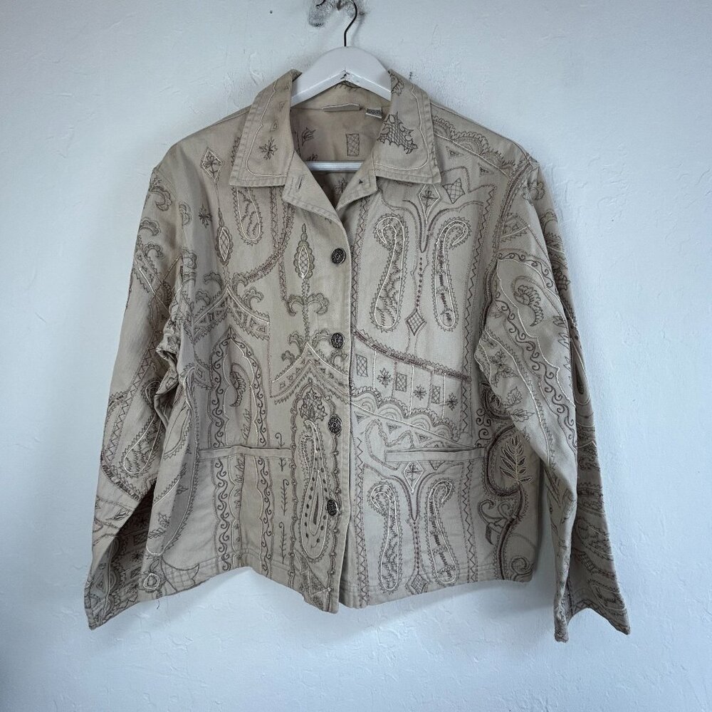Chico's Design Paisley Embroidered Cotton Jacket Womens Size 2 Beige Lightweight